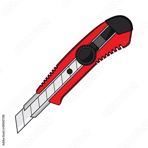 Red utility knife flat design illustration, retro cutter knife cordless line drawing, vector elements for infographic icon app logo web button ui ux interface elements isolated on white background