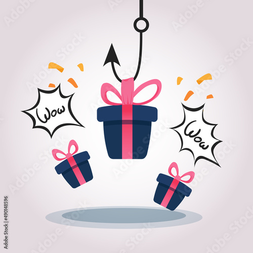 Phishing cybercrime. Fishing hook with fake present. scammer or fraud theft in internet, hacking cyber crime