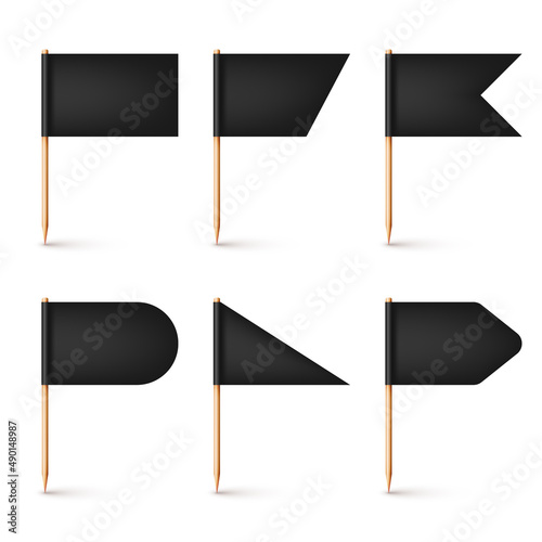 Realistic various toothpick flags. Wooden toothpicks with black paper flag. Location mark, map pointer. Blank mockup for advertising and promotions. Vector illustration