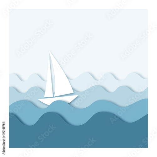 Sail boat on waves, paper cut style sea view.