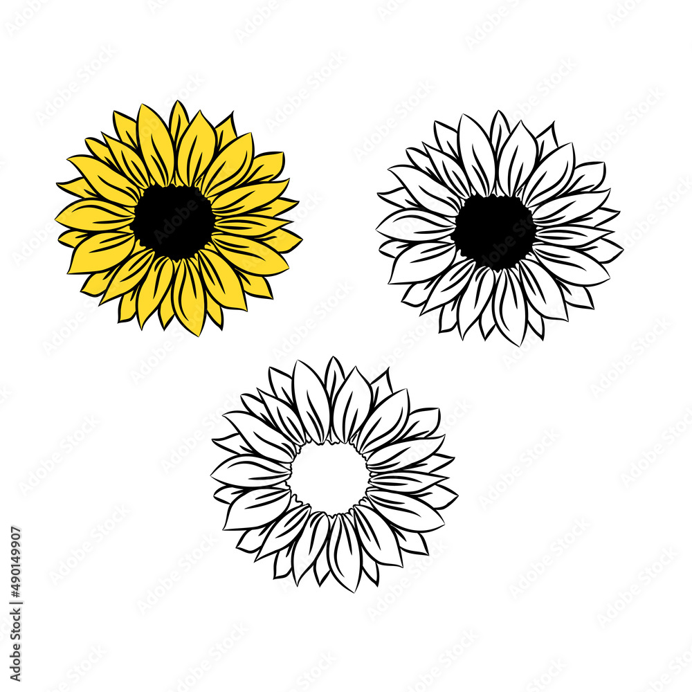 Sunflower flowers drawing and outline. Set of blooming flowers. Black and white illustration on white background. Floral monograms Sunflower flowers drawing and outline. Set of blooming flowers. Black and white illustration on white background. Floral monograms