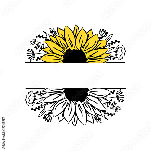 Sunflower border half flowers drawing and outline. Set of blooming splitted flowers. Black and white illustration on white background. Floral monograms