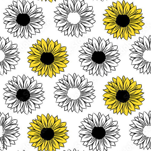 Sunflower seamless pattern drawing and outline. Blooming flowers background. Black, yellow and white illustration.
