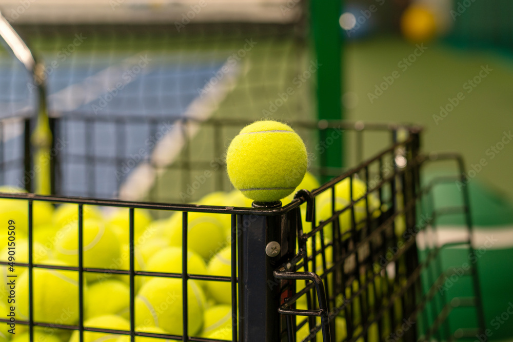 yellow tennis ball close-up on the edge of a black cart with tennis balls  on the tennis court Photos | Adobe Stock