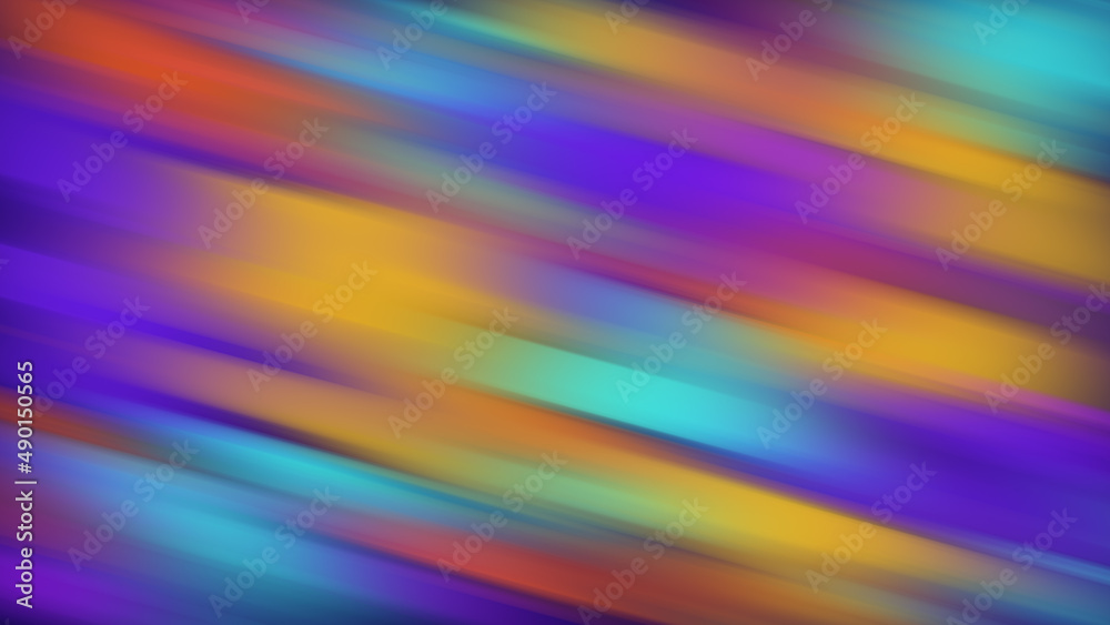 Twisted vibrant iridescent gradient blurred of purple yellow orange turquoise and blue colors with smooth movement of the gradient in the frame with copy space. Abstract sideways lines concept