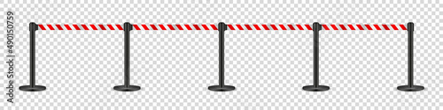 Realistic retractable belt stanchion on transparent background. Crowd control barrier posts with caution strap. Queue lines. Restriction border and danger tape. Vector illustration.
