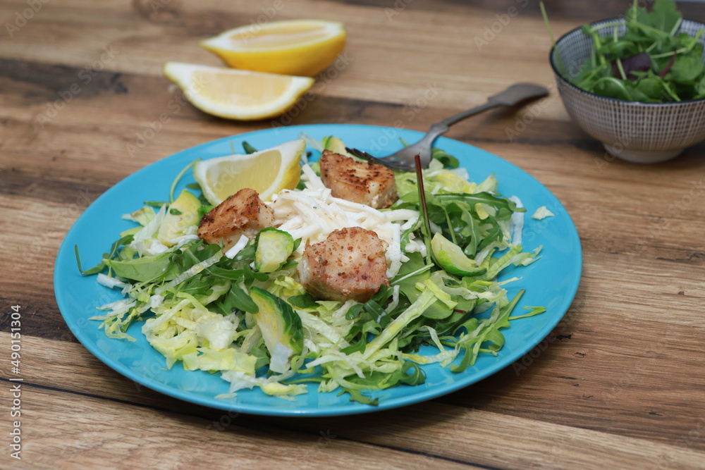 JACOB SHELL WITH FRISH SALAT. SEA FOOD ON PLATE JACOB SHELL WITH FRISH SALAT. SEA FOOD ON PLATE