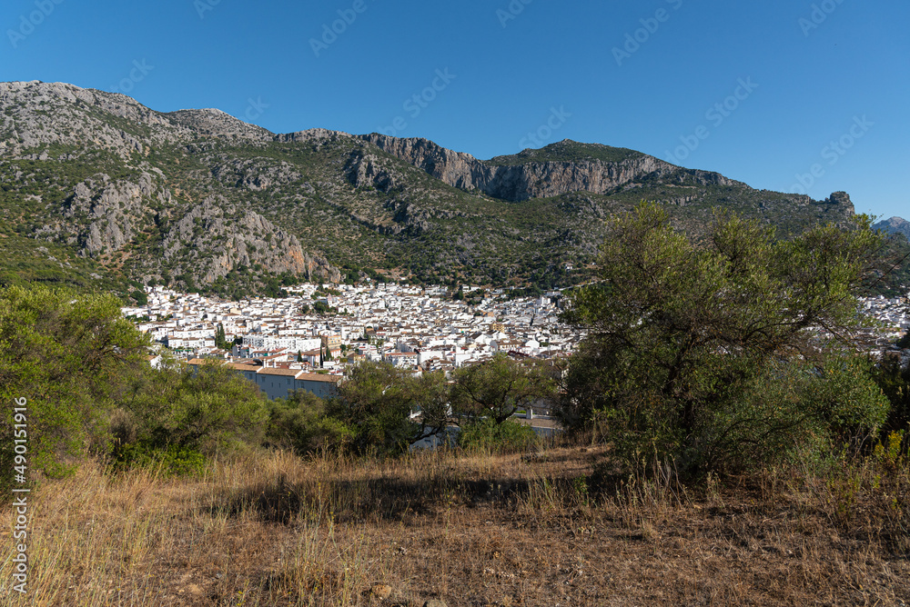 Panoramic view of the beautiful andalusian white town of Ubrique in Grazalema mountain range at daylight, Cadiz, Andalusia, Spain