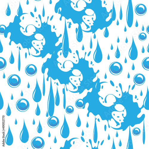 Water. Seamless pattern with drops, splashes and splashes of liquid. Vector image.