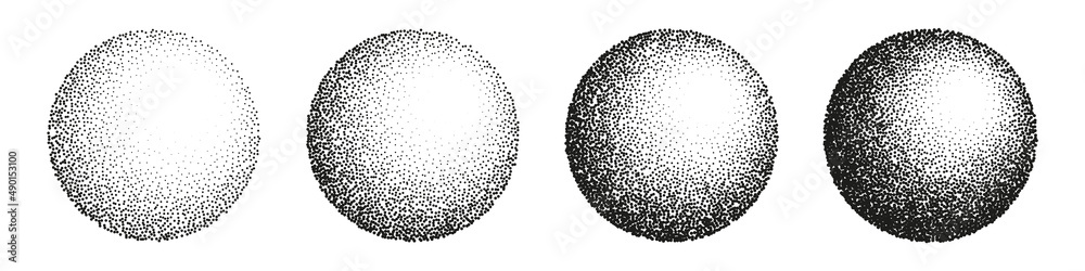 Round shaped dotted objects, stipple elements. Fading gradient. Stippling,  dotwork drawing, shading using dots. Pixel disintegration, halftone effect.  White noise grainy texture. Vector illustration Stock Vector