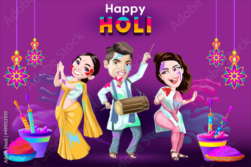 Holi Greetings with cheerful dancers dancing joyfully