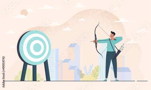 Man with Bow Archery and Target abstract concept. Athlete participates in competition and wins. Target shooting equipment. Sharpness, accuracy and skills. Cartoon contemporary flat vector illustration