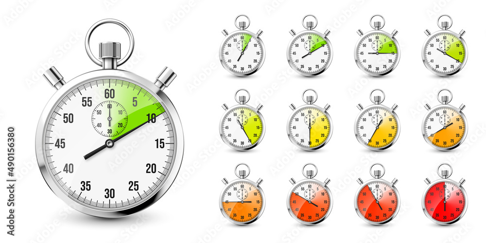 Realistic classic stopwatch icons. Shiny metal chronometer, time ...