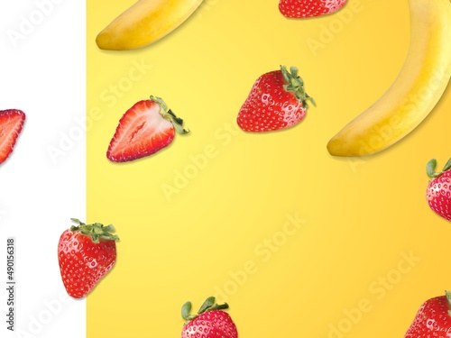 Fototapeta Naklejka Na Ścianę i Meble -  Creative layout made of strawberry and bananas on the background. Food concept.