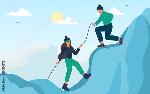 Climbing up mountain abstract concept. Young man holds strong rope and helps girl climb up cliff. Help and support each other in dangerous situation. Cartoon contemporary flat vector illustration