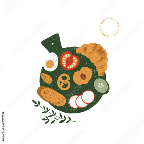 Charcuterie board illustration. Appetizers board with various food. Breakfast. Catering composition.