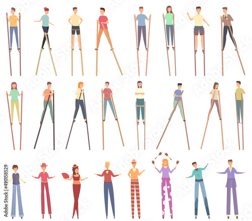 Stilt icons set cartoon vector. Active children. People play