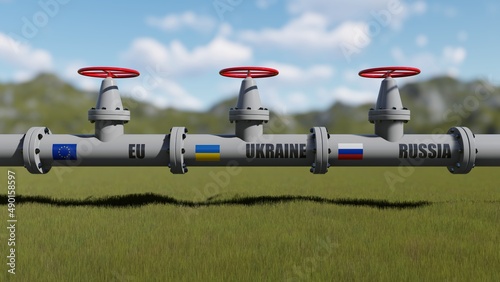 The gas pipeline with flags of Russia, Ukraine and EU. 3d rendering