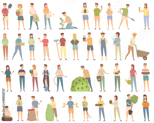 Gardening with kids icons set cartoon vector. Garden tree. Cleaning earth