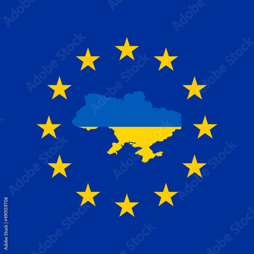 Blue European Union flag with yellow stars and Ukrainian map in color of national flag. European Union Accepts Ukraine Membership Application, Special Admission Procedure Initiated. Pray for Ukraine.