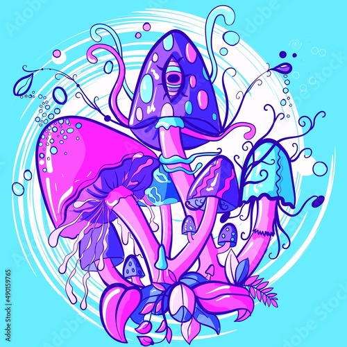 Colorful illustration of trippy and psychedelic mushrooms with leaves and third eyes. Narcotic and hallucinogen shrooms with neon and glowing colors. 