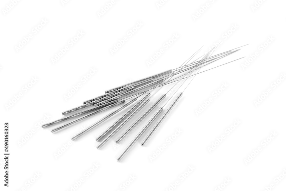 Many needles for acupuncture on white background