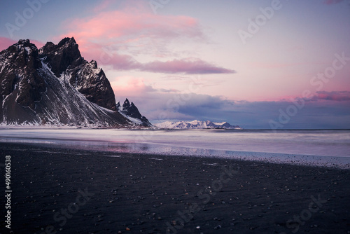 sunset in front of vestrahorn mountain in iceland photo