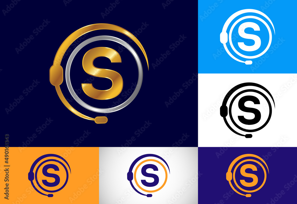 Initial S monogram letter alphabet and support service with headphones. Headphone logo. Hotline customer advice, call center help Initial S monogram letter alphabet and support service with headphones. Headphone logo. Hotline customer advice, call center help