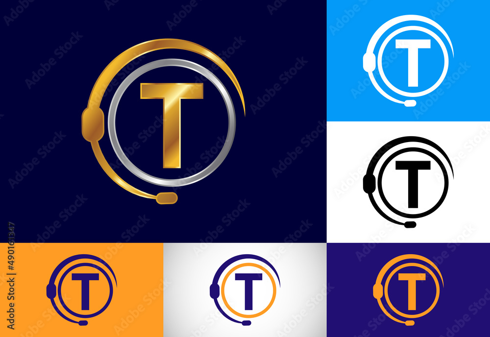 Initial T monogram letter alphabet and support service with headphones. Headphone logo. Hotline customer advice, call center help Initial T monogram letter alphabet and support service with headphones. Headphone logo. Hotline customer advice, call center help