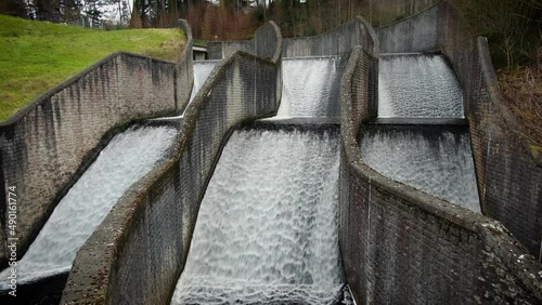 A static aerial shot of the River Dodder moving through Bohernabreena Reservoir.