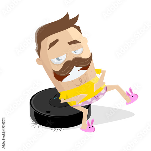 funny cartoon man sitting on a vacuum cleaner robot