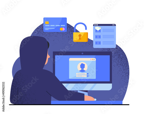 Cybercrime and phishing abstract concept. Hacker steals personal data, bank passwords, credit cards and documents. Crime and theft on social networks and Internet. Cartoon flat vector illustration