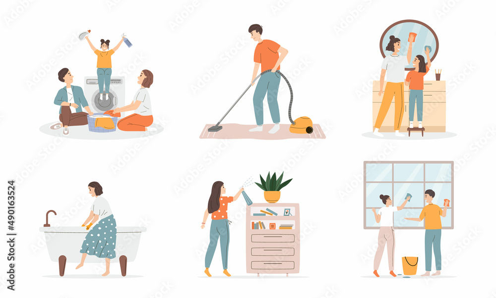 Collection of smiling people doing housework