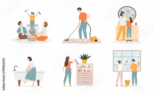 Collection of smiling people doing housework © hola.lena