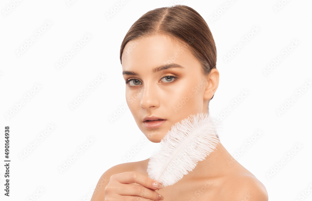 Portrait of attractive girl with healthy clean skin and beautiful make-up. Aesthetic cosmetology and makeup concept. Portrait of attractive girl with healthy clean skin and beautiful make-up. Aesthetic cosmetology and makeup concept.