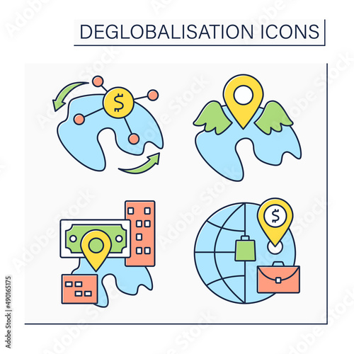 Deglobalisation color icons set. Reverse globalization, local resurgence and market. income redistribution. World economy concept. Isolated vector illustrations photo