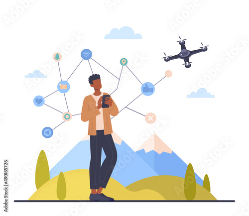 Man Navigating Flying Drone in Sky. Male character holding smartphone with remote control for quadcopter. Modern technologies and innovations for comfortable life. Cartoon flat vector illustration