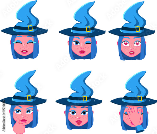 Pretty young witch emoji. Flat character sorceress. Magic vector illustration
