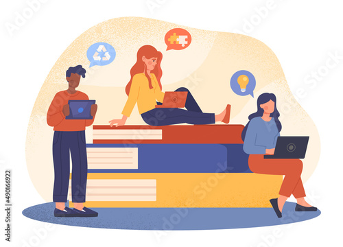 Online education concept. Women and man hold electronic devices next to stack of books and study various topics at university or school. E learning, webinar or course. Cartoon flat vector illustration