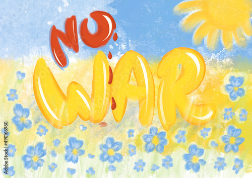 War in Ukraine with Russia. Postcards for peace , we don't want war. Posters depicting the symbols of Ukraine depicting peace and no war. Pencil drawing sun, blue and yellow wheat field. English text photo