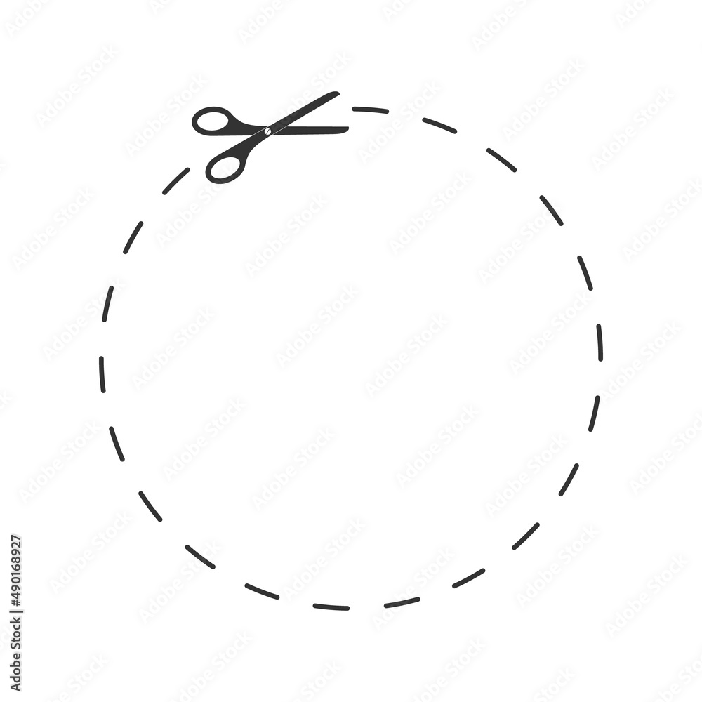 Scissors cutting dotted lined round shape. Cut here sign for label, discount coupon, voucher, promo code. Vector outline illustration isolated on white background Scissors cutting dotted lined round shape. Cut here sign for label, discount coupon, voucher, promo code. Vector outline illustration isolated on white background