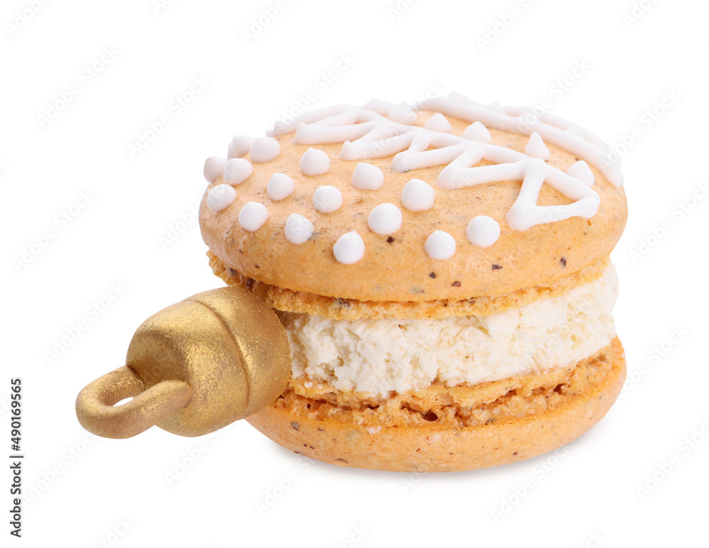 Beautiful macaron decorated as Christmas ball isolated on white Beautiful macaron decorated as Christmas ball isolated on white