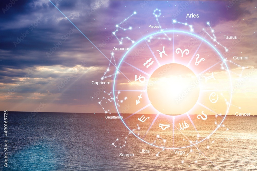 Zodiac signs inside of horoscope circle astrology and horoscopes concept on background - obrazy, fototapety, plakaty 