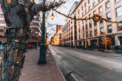 Fotografering Christmas decorations in downtown Denver during sunset