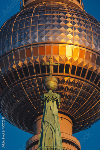 Vertical shot of Berliner Fernsehturm or Fernsehturm Berlin. Berlin Television Tower dome. photo