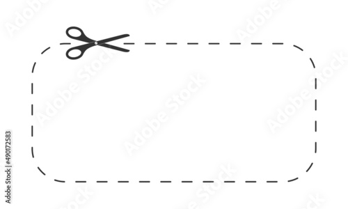 Scissors icon cutting rectangle shape with dotted line. Cut here pictogram for paper discount coupon, voucher, promo code. Graphic vector illustration isolated on white background