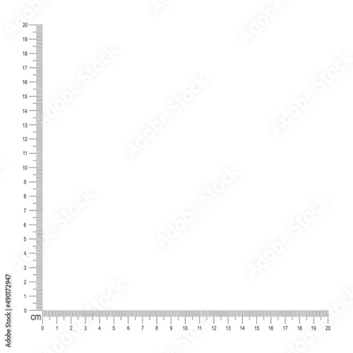 20 cm corner ruler template. Measuring tool with vertical and horizontal lines with centimeters and millimeters markup and numbers. Vector outline illustration isolated on white background