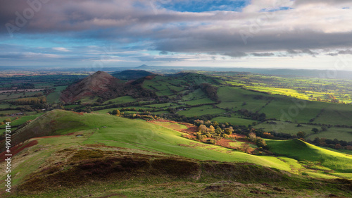 Scenic view of the plains of Shropshire and The Wrekin from the  Caer Caradoc on a beautiful morning photo