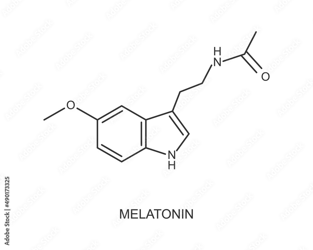 Melatonin molecular structure. Hormone used for jet lag, insomnia, circadian rhythm disorder therapy. Sleep and wake cycle regulation icon isolated on white background. Vector graphic illustration Melatonin molecular structure. Hormone used for jet lag, insomnia, circadian rhythm disorder therapy. Sleep and wake cycle regulation icon isolated on white background. Vector graphic illustration