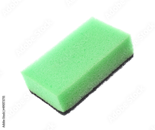 Green cleaning sponge with abrasive black scourer isolated on white